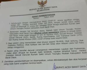 Kasus Covid19 di Abdya Meningkat, RSU Teungku Peukan Ditutup