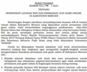Bupati Bireuen Keluarkan Edaran Penertiban Pemain Game Judi Online