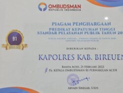 Polres Bireuen Terima Penghargaan dari Ombudsman RI